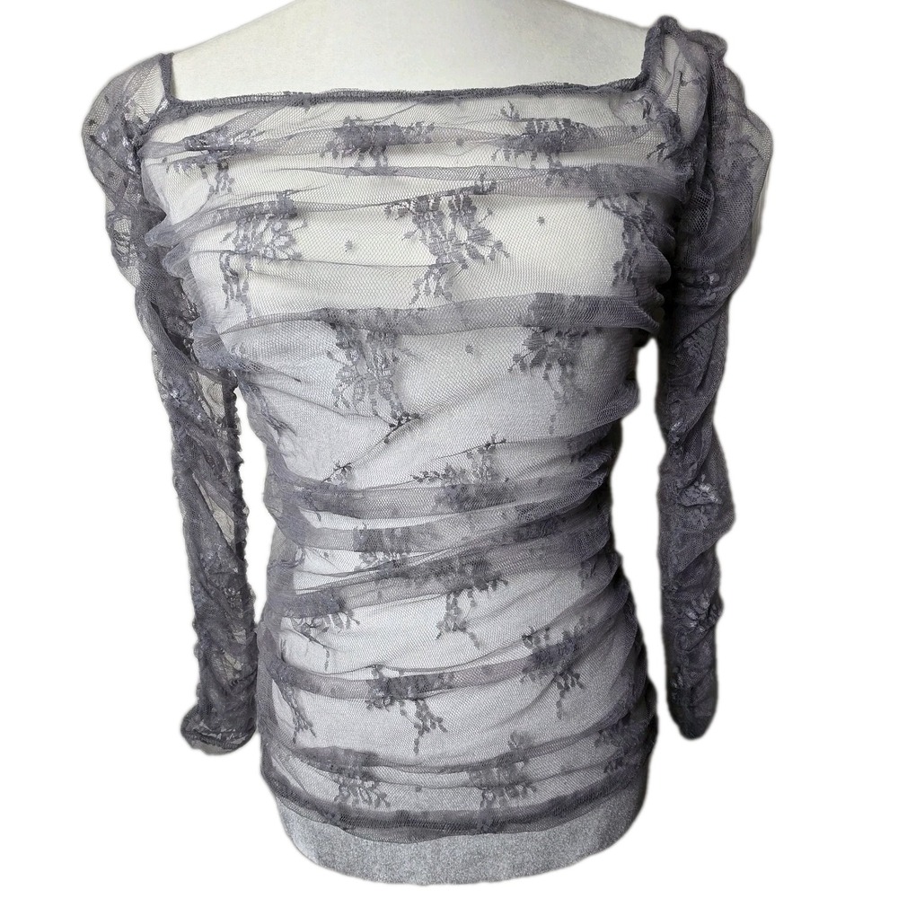 Molly Green L Sheer Lace Ruched‎ Ballet Top Fairy Coquette Romantic Long Sleeve